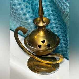 Vintage Brass Incense Burner Lamp – Pierced Hearts, 5” Patina Décor
